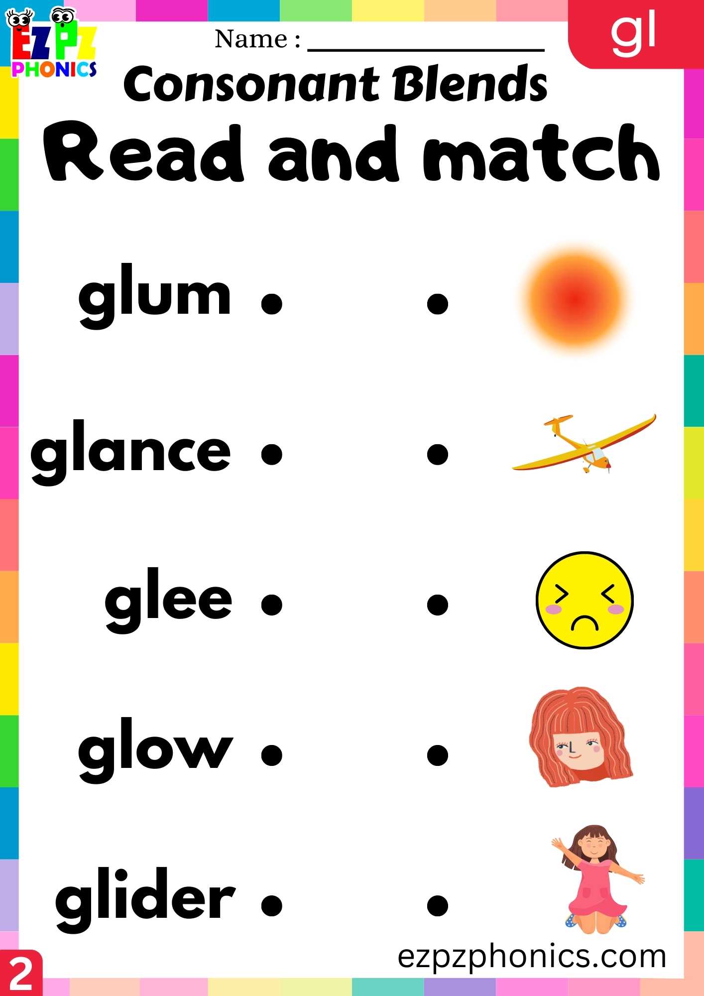 Group2 GL Words Read And Match Phonics Consonant Blends Worksheet